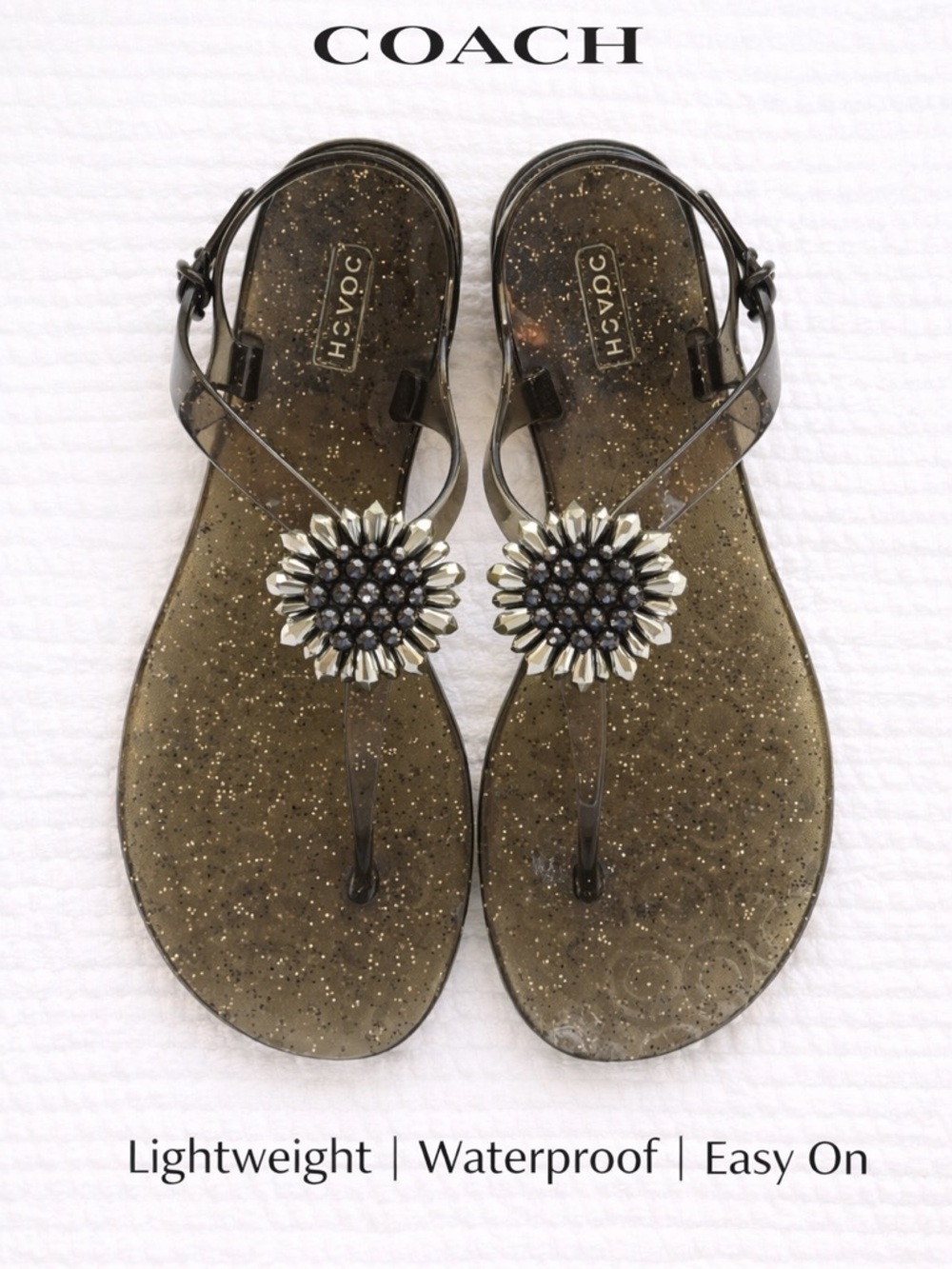 Coach Hilda Jelly Sandals Size 9 Black Glitter Flower Thong Slingback